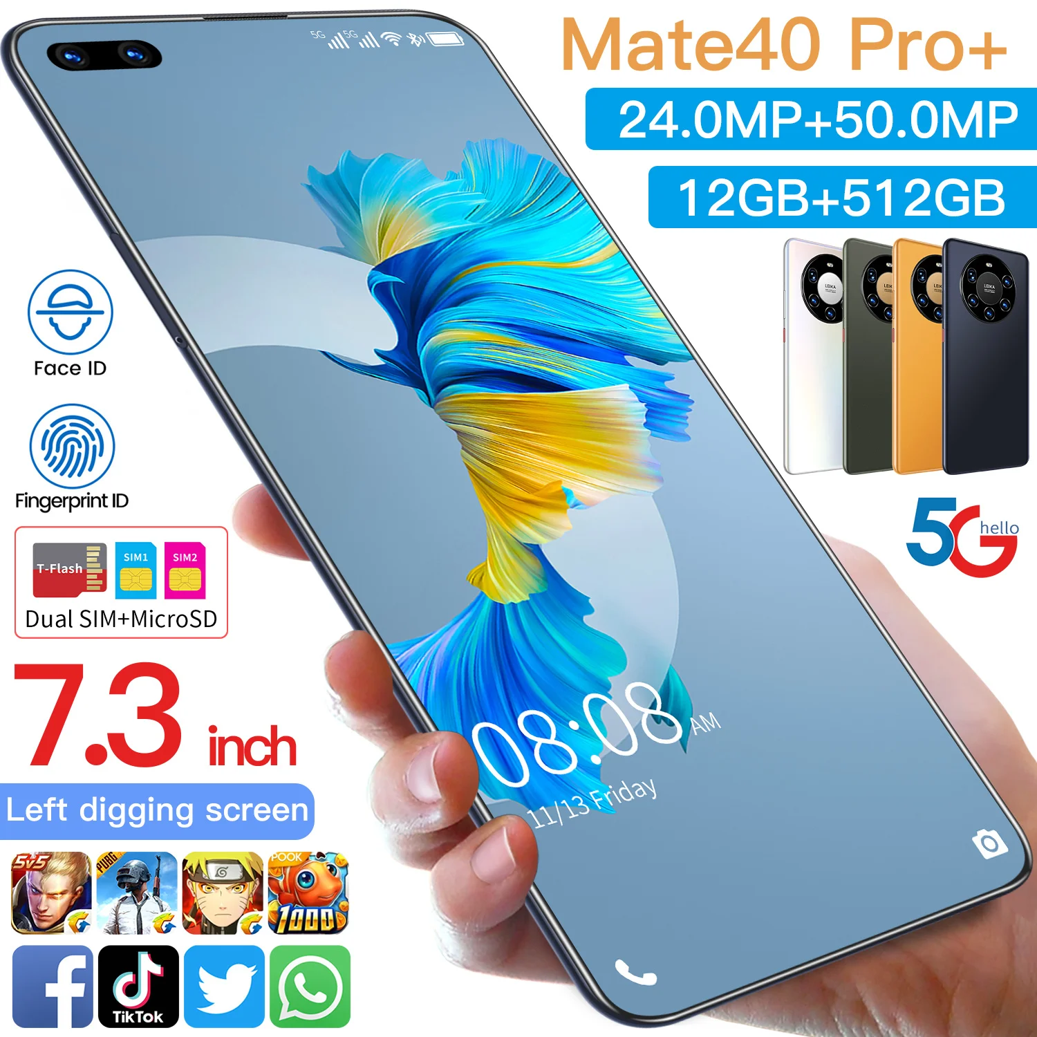Hot Selling Mate 60 Pro + 12gb + 512gb 24mp + 64mp Face Unlock Full Display Android 10.0 Smartphone